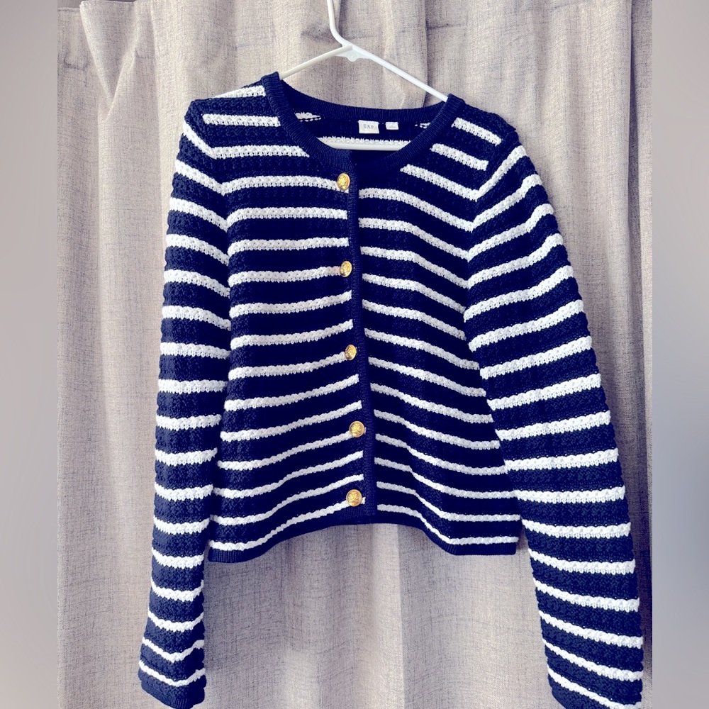 Gap, navy and white, button down sweater.